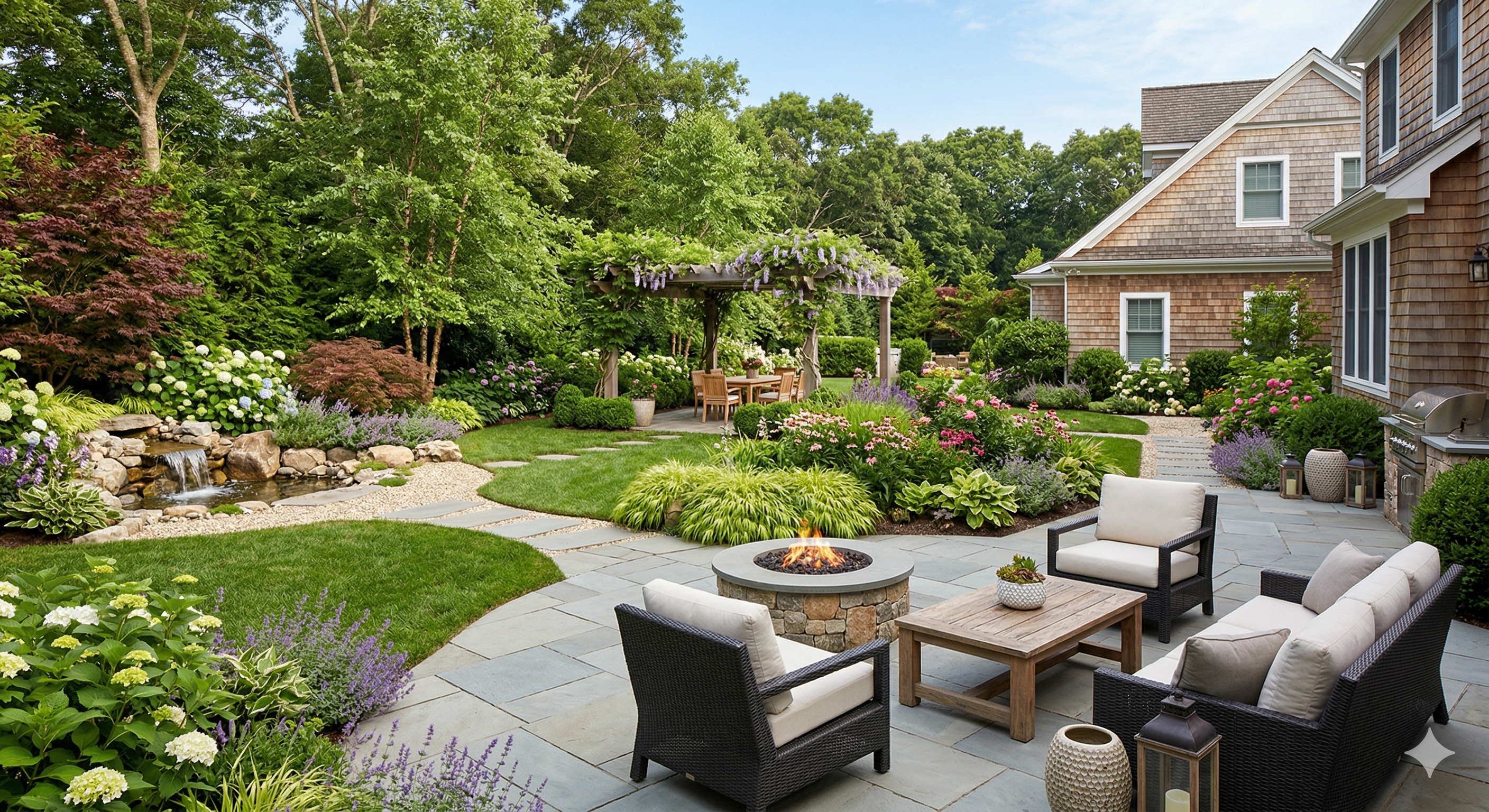 Back yard landscaping renovation with patio and water feature